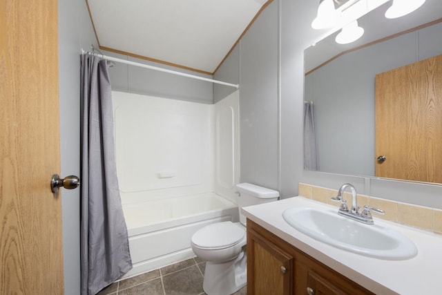 full bathroom featuring vanity, tile patterned flooring, toilet, and shower / tub combo with curtain