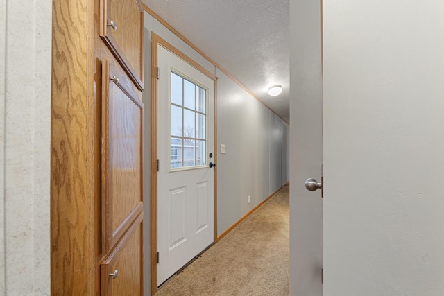 entryway with light carpet, ornamental molding, and a textured ceiling