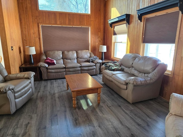 living room with dark wood-type flooring and wooden walls