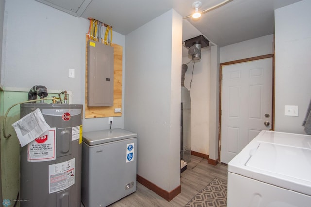 laundry room with separate washer and dryer, electric panel, electric water heater, and light hardwood / wood-style flooring