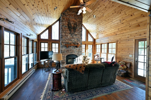 living room with wood ceiling, a baseboard radiator, a fireplace, and dark wood-type flooring