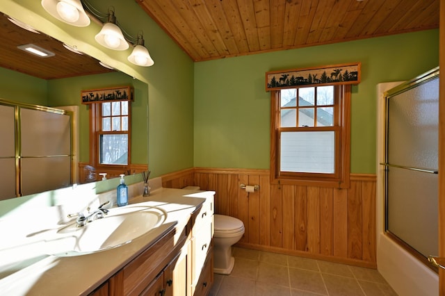 full bathroom with wood ceiling, enclosed tub / shower combo, toilet, and tile patterned flooring