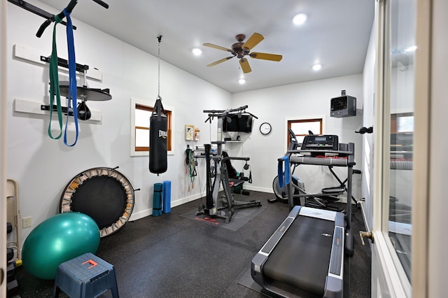 exercise area with ceiling fan