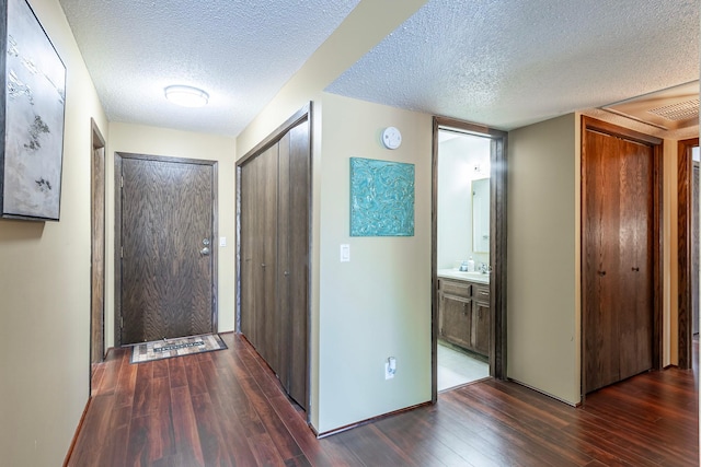 hall featuring a sink, a textured ceiling, and dark wood-style flooring