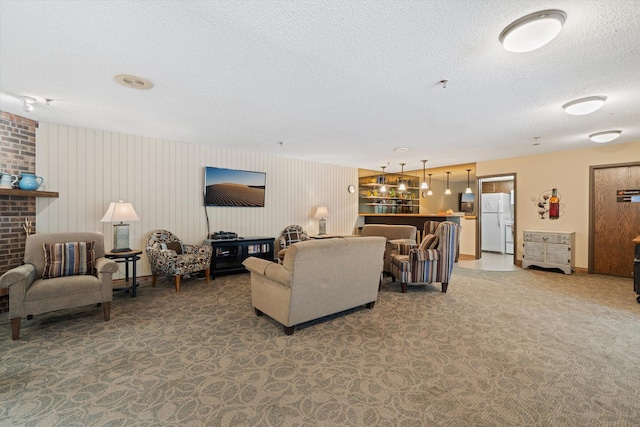 carpeted living room with a textured ceiling