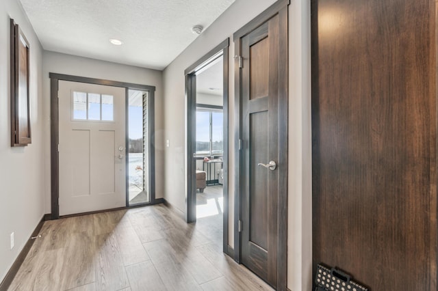 foyer entrance featuring plenty of natural light, a textured ceiling, and light wood-type flooring