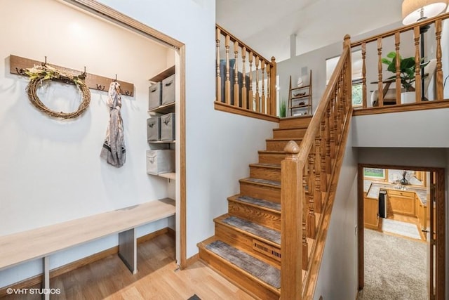 mudroom with light hardwood / wood-style floors