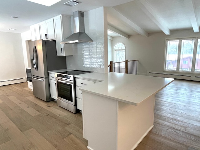 kitchen featuring a baseboard radiator, appliances with stainless steel finishes, wall chimney range hood, light hardwood / wood-style floors, and white cabinets