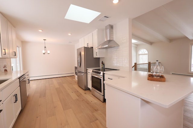 kitchen featuring baseboard heating, appliances with stainless steel finishes, white cabinets, decorative light fixtures, and wall chimney exhaust hood