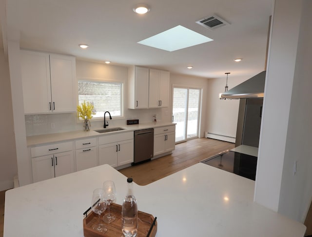 kitchen featuring sink, hanging light fixtures, white cabinets, and dishwasher