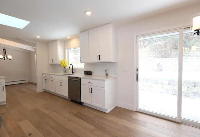 kitchen featuring white cabinetry, a baseboard radiator, sink, and stainless steel dishwasher