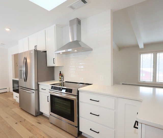 kitchen with white cabinets, backsplash, stainless steel appliances, and wall chimney exhaust hood