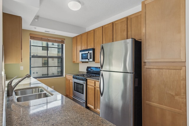 kitchen featuring stainless steel appliances, sink, and dark stone countertops