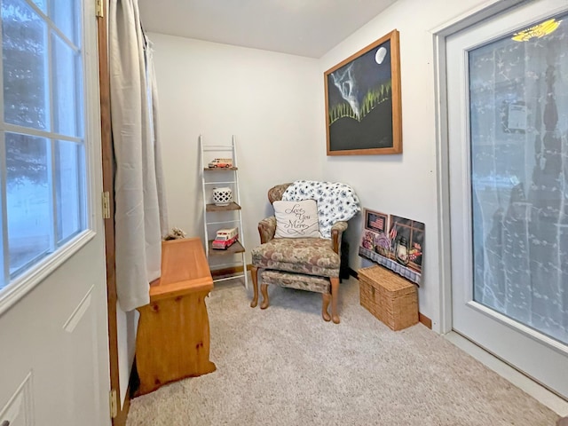 living area featuring carpet