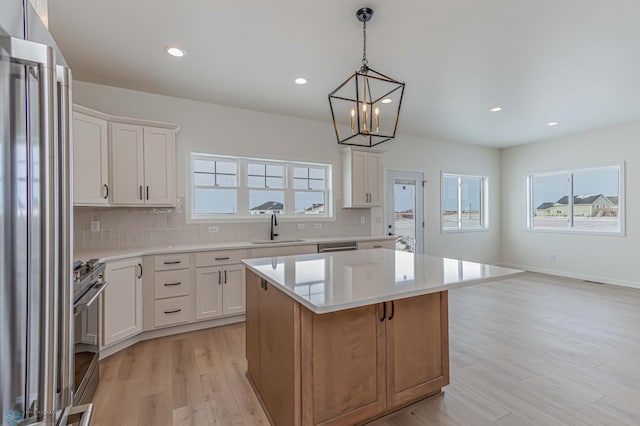 kitchen with sink, stainless steel appliances, tasteful backsplash, white cabinets, and a kitchen island