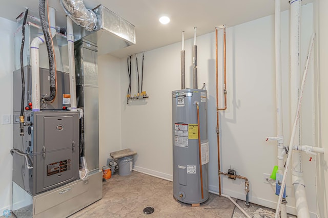 utility room featuring heating unit and water heater