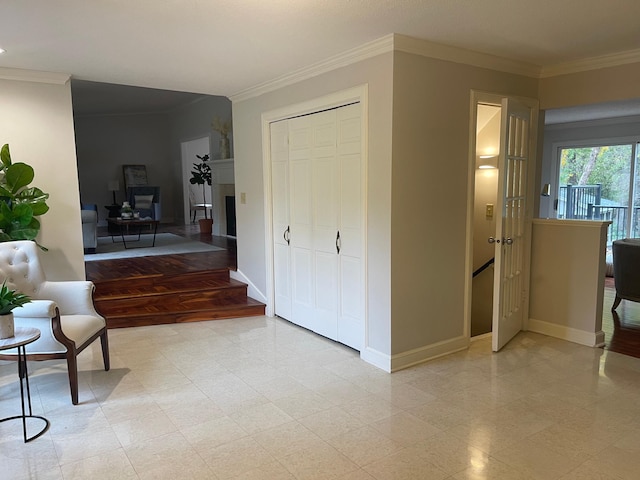 corridor featuring ornamental molding