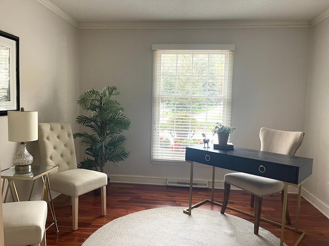 office featuring a wealth of natural light, dark wood-type flooring, and ornamental molding