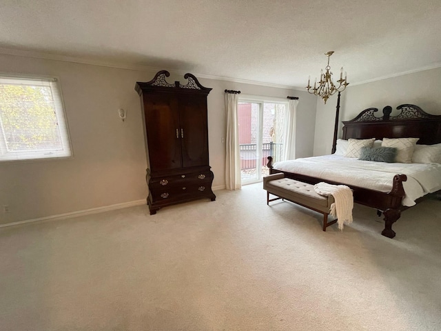 carpeted bedroom featuring a notable chandelier, crown molding, and access to exterior