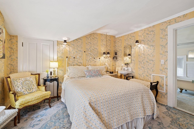 706 4th St, Red Wing, MN 55066 - bedroom with wallpapered walls, ornamental molding, and baseboards