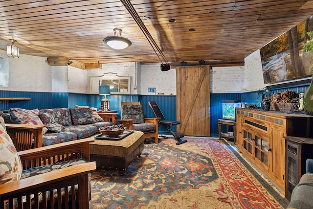 706 4th St, Red Wing, MN 55066 - living room featuring wood ceiling, wainscoting, and a barn door