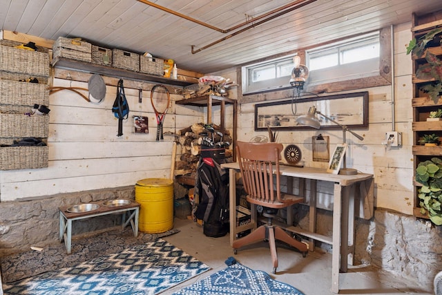 706 4th St, Red Wing, MN 55066 - office area featuring wooden walls, unfinished concrete flooring, and wood ceiling