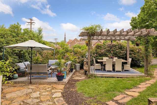 706 4th St, Red Wing, MN 55066 - view of patio featuring a deck, outdoor dining space, an outdoor living space, and a pergola