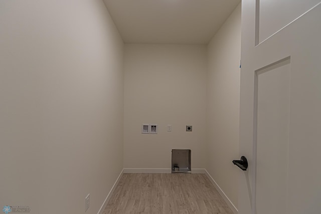 laundry room with washer hookup, laundry area, light wood finished floors, electric dryer hookup, and baseboards
