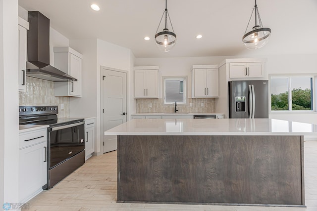 1264 Marlys Dr W, West Fargo, ND 58078 - kitchen with electric range, stainless steel fridge, wall chimney range hood, light wood-type flooring, and light countertops