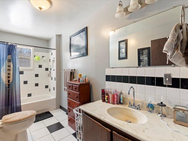 31552 County 23, Akeley, MN 56433 - full bath featuring decorative backsplash, toilet, shower / tub combo with curtain, tile patterned flooring, and vanity