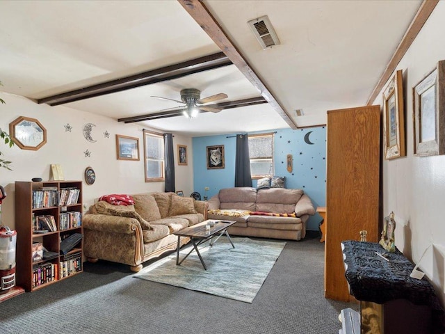 31552 County 23, Akeley, MN 56433 - living area with beam ceiling, visible vents, ceiling fan, and carpet flooring