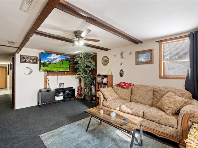 31552 County 23, Akeley, MN 56433 - carpeted living area featuring ceiling fan, visible vents, and beam ceiling