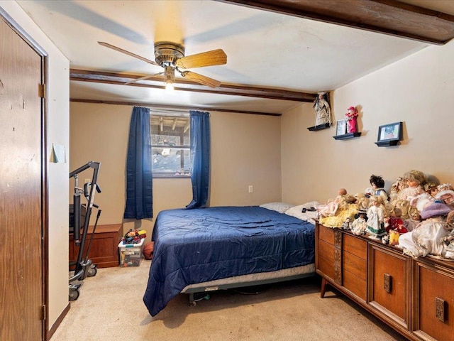 31552 County 23, Akeley, MN 56433 - bedroom with beam ceiling, light colored carpet, and ceiling fan