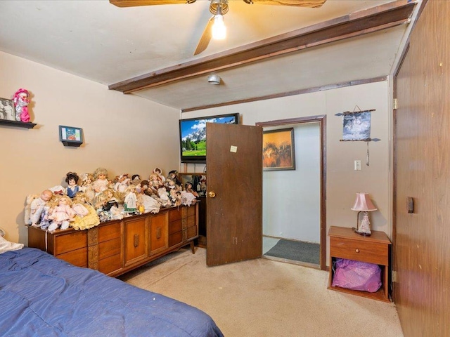 31552 County 23, Akeley, MN 56433 - bedroom with beam ceiling, light colored carpet, and ceiling fan
