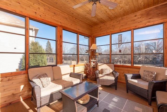 sunroom with wood ceiling and ceiling fan