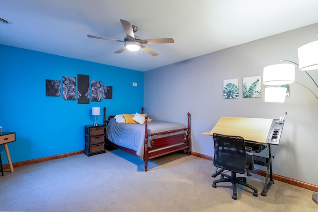 bedroom featuring ceiling fan, baseboards, and carpet flooring