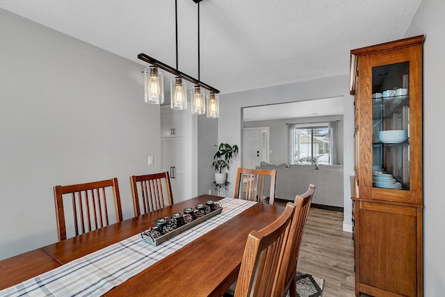 dining room featuring light hardwood / wood-style flooring and a textured ceiling