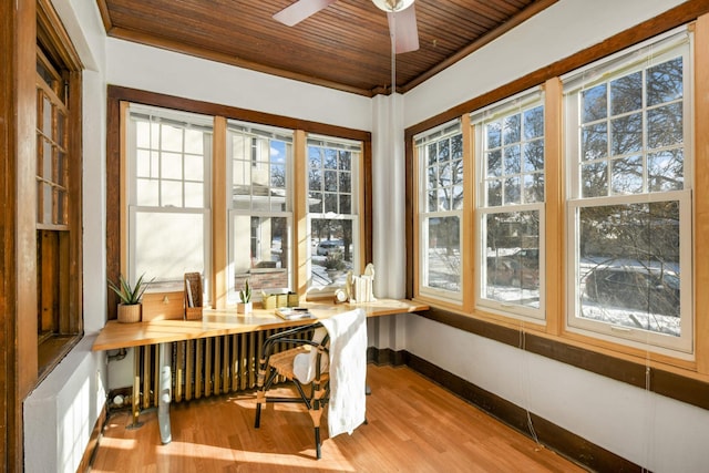 sunroom / solarium featuring wooden ceiling and a ceiling fan