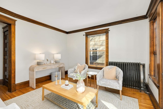 living room with ornamental molding, radiator heating unit, light wood-style flooring, and baseboards