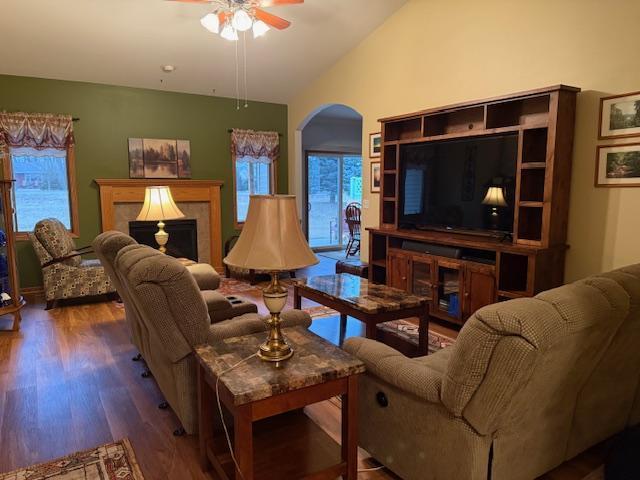 living room featuring dark hardwood / wood-style flooring, lofted ceiling, and ceiling fan