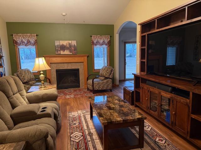 living room featuring hardwood / wood-style flooring and a fireplace