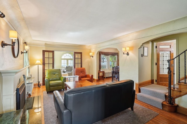 living room with dark hardwood / wood-style floors and radiator