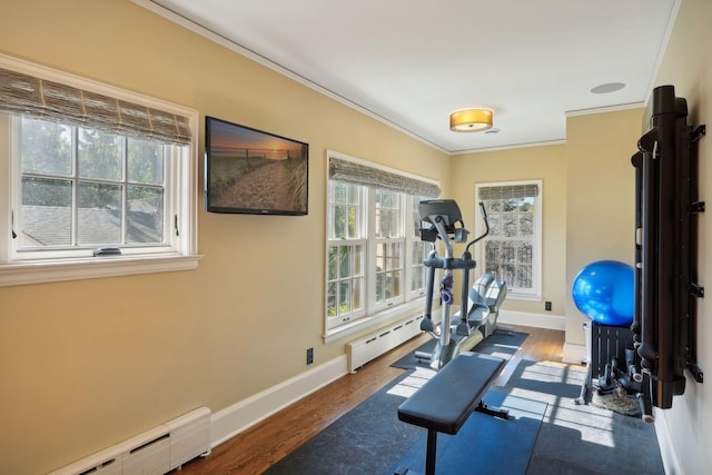 exercise room with ornamental molding, dark hardwood / wood-style floors, and baseboard heating