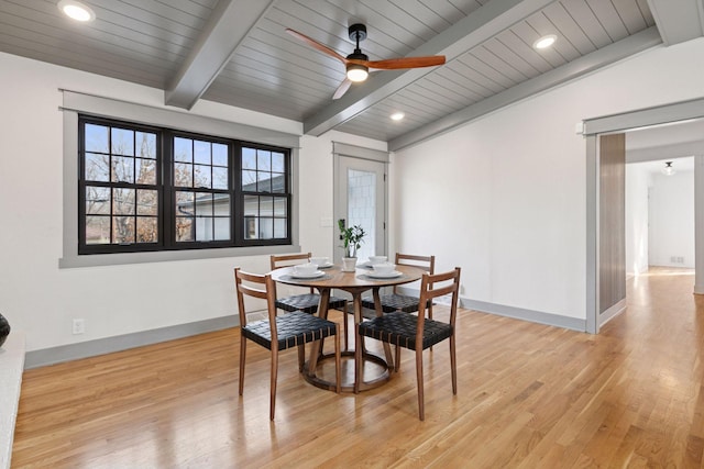 dining space with baseboards, beamed ceiling, recessed lighting, and light wood-style floors