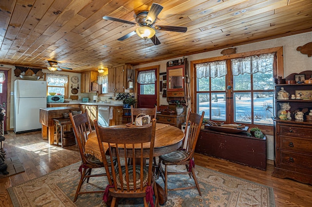 dining area with wooden ceiling, a ceiling fan, and wood-type flooring