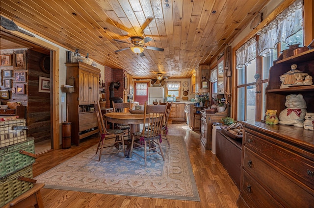 dining space with wood finished floors, wood ceiling, and a ceiling fan