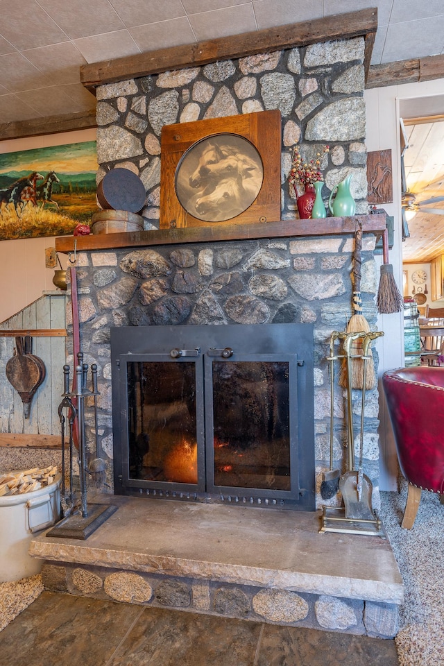 room details with a stone fireplace