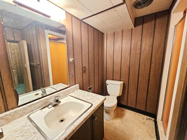 bathroom with toilet, vanity, and wooden walls