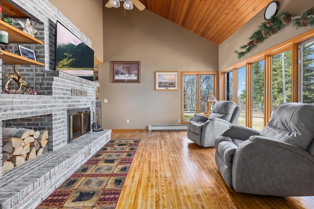 1378 Larrup Trl SW, Pine River, MN 56474 - living room with a brick fireplace, high vaulted ceiling, wood-type flooring, baseboard heating, and a ceiling fan