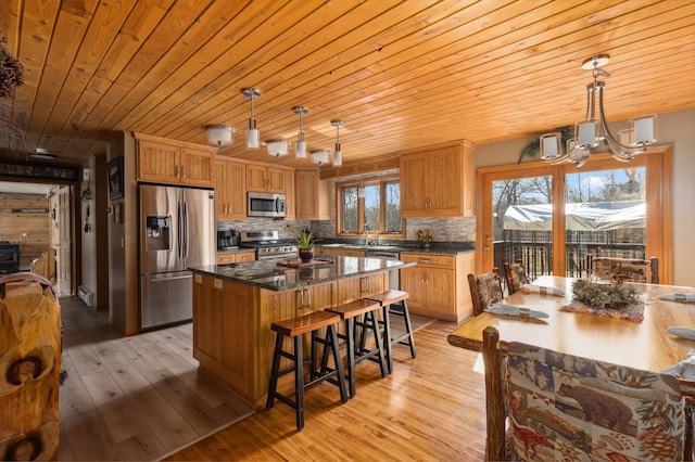 1378 Larrup Trl SW, Pine River, MN 56474 - kitchen with appliances with stainless steel finishes, wood ceiling, a chandelier, a kitchen island, and tasteful backsplash